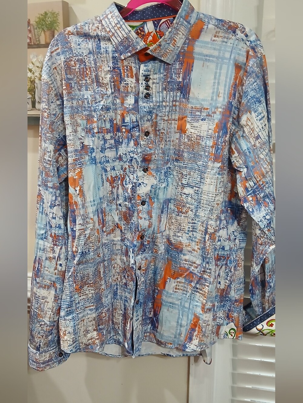 Au Noir Luxury Blue Orange White Abstract Collared Long Sleeve Button-Up